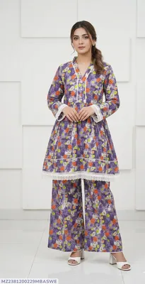 2Pcs Women's Stitched Lawn Digital Print Frock And Trouser with Milky Lace (Hajra)