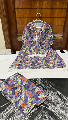 2Pcs Women's Stitched Lawn Digital Print Frock And Trouser with Milky Lace (Hajra) thumbnail 2