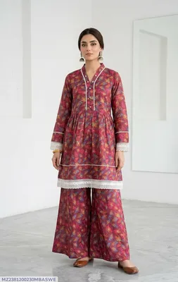 2Pcs Women's Stitched Lawn Digital Print Frock And Trouser with Milky Lace (Hajra)