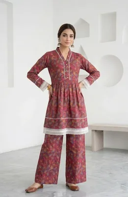 2Pcs Women's Stitched Lawn Digital Print Frock And Trouser with Milky Lace (Hajra) thumbnail 3