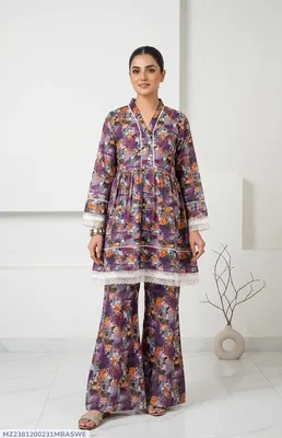 2Pcs Women's Stitched Lawn Digital Print Frock And Trouser with Milky Lace (Hajra) thumbnail 1