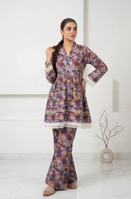 2Pcs Women's Stitched Lawn Digital Print Frock And Trouser with Milky Lace (Hajra) thumbnail 2