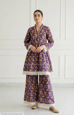 2Pcs Women's Stitched Lawn Digital Print Frock And Trouser with Milky Lace (Hajra)