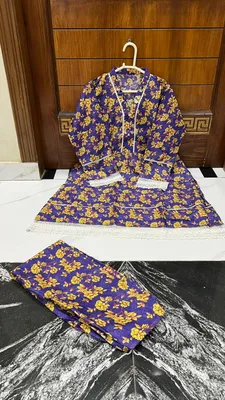 2Pcs Women's Stitched Lawn Digital Print Frock And Trouser with Milky Lace (Hajra) thumbnail 3