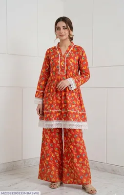 2Pcs Women's Stitched Lawn Digital Print Frock And Trouser with Milky Lace (Hajra) thumbnail 1