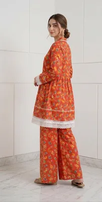 2Pcs Women's Stitched Lawn Digital Print Frock And Trouser with Milky Lace (Hajra) thumbnail 2