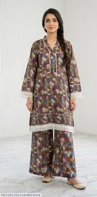 2Pcs Women's Stitched Lawn Digital Print Frock And Trouser with Milky Lace (Hajra) thumbnail 1