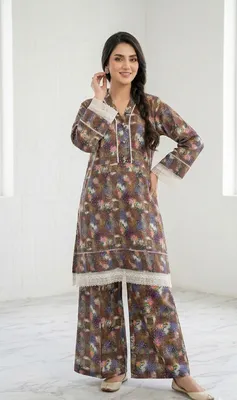 2Pcs Women's Stitched Lawn Digital Print Frock And Trouser with Milky Lace (Hajra) thumbnail 2