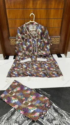 2Pcs Women's Stitched Lawn Digital Print Frock And Trouser with Milky Lace (Hajra) thumbnail 3