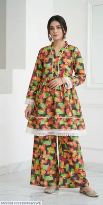 2Pcs Women's Stitched Lawn Digital Print Frock And Trouser with Milky Lace (Hajra)