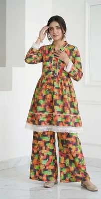 2Pcs Women's Stitched Lawn Digital Print Frock And Trouser with Milky Lace (Hajra) thumbnail 2