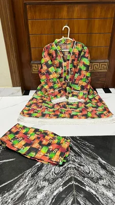 2Pcs Women's Stitched Lawn Digital Print Frock And Trouser with Milky Lace (Hajra) thumbnail 3