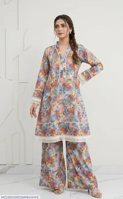 2Pcs Women's Stitched Lawn Digital Print Frock And Trouser with Milky Lace (Hajra) thumbnail 1