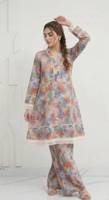 2Pcs Women's Stitched Lawn Digital Print Frock And Trouser with Milky Lace (Hajra) thumbnail 2