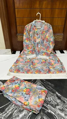 2Pcs Women's Stitched Lawn Digital Print Frock And Trouser with Milky Lace (Hajra) thumbnail 3