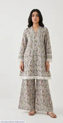 2Pcs Women's Stitched Lawn Digital Print Frock And Trouser with Milky Lace (Hajra) thumbnail 1