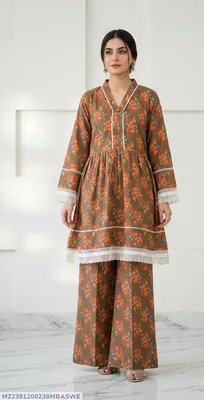 2Pcs Women's Stitched Lawn Digital Print Frock And Trouser with Milky Lace (Hajra) thumbnail 1
