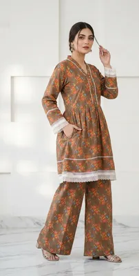 2Pcs Women's Stitched Lawn Digital Print Frock And Trouser with Milky Lace (Hajra) thumbnail 2