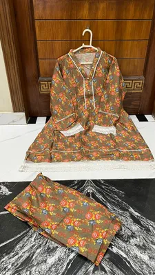 2Pcs Women's Stitched Lawn Digital Print Frock And Trouser with Milky Lace (Hajra) thumbnail 3