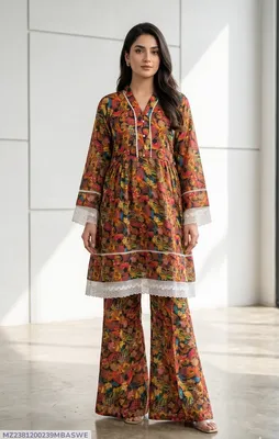 2Pcs Women's Stitched Lawn Digital Print Frock And Trouser with Milky Lace (Hajra)