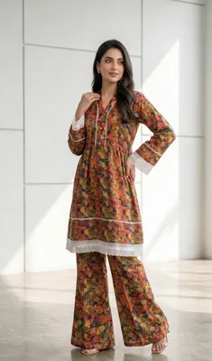 2Pcs Women's Stitched Lawn Digital Print Frock And Trouser with Milky Lace (Hajra) thumbnail 2