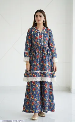 2Pcs Women's Stitched Lawn Digital Print Frock And Trouser with Milky Lace (Hajra sh)