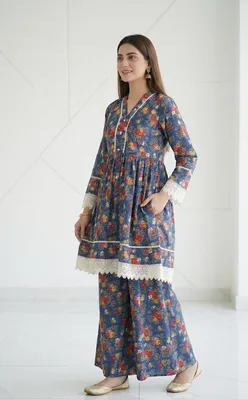 2Pcs Women's Stitched Lawn Digital Print Frock And Trouser with Milky Lace (Hajra sh) thumbnail 2