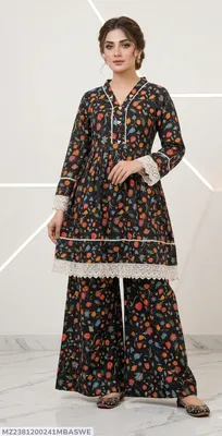 2Pcs Women's Stitched Lawn Digital Print Frock And Trouser with Milky Lace (Hajra sh)