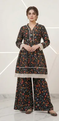 2Pcs Women's Stitched Lawn Digital Print Frock And Trouser with Milky Lace (Hajra sh) thumbnail 2