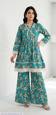 2Pcs Women's Stitched Lawn Digital Print Frock And Trouser with Milky Lace (Hajra sh) thumbnail 1