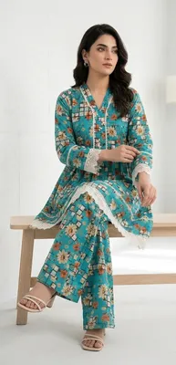 2Pcs Women's Stitched Lawn Digital Print Frock And Trouser with Milky Lace (Hajra sh) thumbnail 2