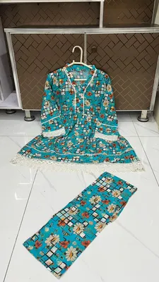 2Pcs Women's Stitched Lawn Digital Print Frock And Trouser with Milky Lace (Hajra sh) thumbnail 3