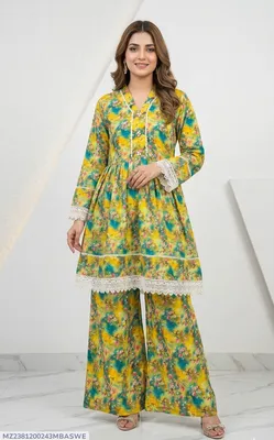 2Pcs Women's Stitched Lawn Digital Print Frock And Trouser with Milky Lace (Hajra sh)