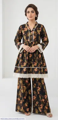 2Pcs Women's Stitched Lawn Digital Print Frock And Trouser with Milky Lace (Hajra sh)