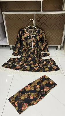 2Pcs Women's Stitched Lawn Digital Print Frock And Trouser with Milky Lace (Hajra sh) thumbnail 3