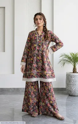 2Pcs Women's Stitched Lawn Digital Print Frock And Trouser with Milky Lace (Hajra sh) thumbnail 1