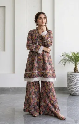 2Pcs Women's Stitched Lawn Digital Print Frock And Trouser with Milky Lace (Hajra sh) thumbnail 2