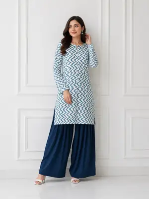 2 Pcs Women's Stitched Cotton Lawn Block Printed Shirt And Farshi Shalwar