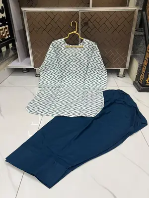 2 Pcs Women's Stitched Cotton Lawn Block Printed Shirt And Farshi Shalwar thumbnail 3