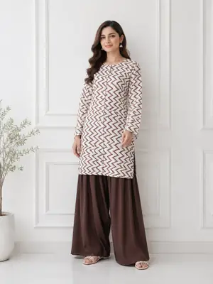 2 Pcs Women's Stitched Cotton Lawn Block Printed Shirt And Farshi Shalwar