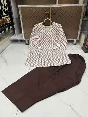 2 Pcs Women's Stitched Cotton Lawn Block Printed Shirt And Farshi Shalwar thumbnail 3
