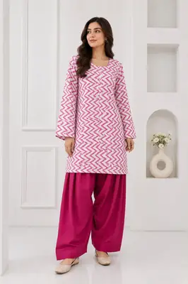 2 Pcs Women's Stitched Cotton Lawn Block Printed Shirt And Farshi Shalwar
