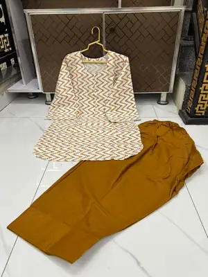 2 Pcs Women's Stitched Cotton Lawn Block Printed Shirt And Farshi Shalwar thumbnail 3
