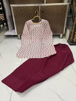 2 Pcs Women's Stitched Cotton Lawn Block Printed Shirt And Farshi Shalwar thumbnail 3