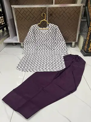 2 Pcs Women's Stitched Cotton Lawn Block Printed Shirt And Farshi Shalwar thumbnail 3