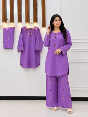 2Pcs Women's Stitched Cotton Lawn Hand Work Shirt And Trouser with Mirror work