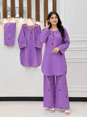 2Pcs Women's Stitched Cotton Lawn Hand Work Shirt And Trouser with Mirror work thumbnail 2