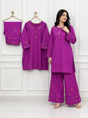 2Pcs Women's Stitched Cotton Lawn Hand Work Shirt And Trouser with Mirror work