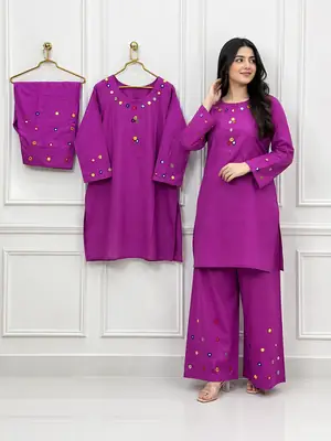 2Pcs Women's Stitched Cotton Lawn Hand Work Shirt And Trouser with Mirror work thumbnail 2
