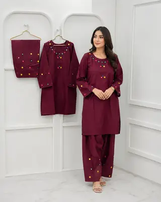 2Pcs Women's Stitched Cotton Lawn Hand Work Shirt And Trouser with Mirror work